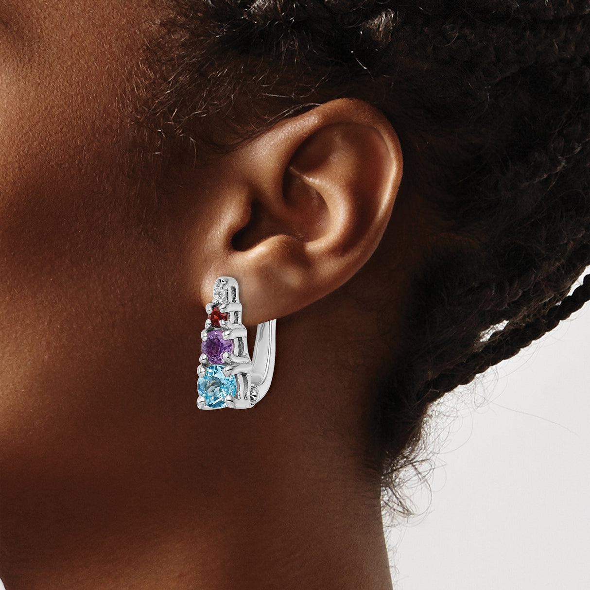 Sterling Silver Hoop Earrings with Swiss Blue Topaz, Amethyst, and Garnet