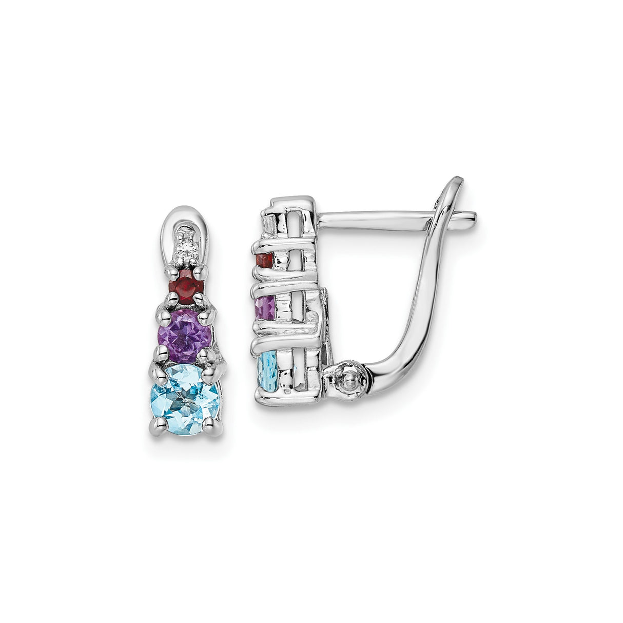 Sterling Silver Hoop Earrings with Swiss Blue Topaz, Amethyst, and Garnet