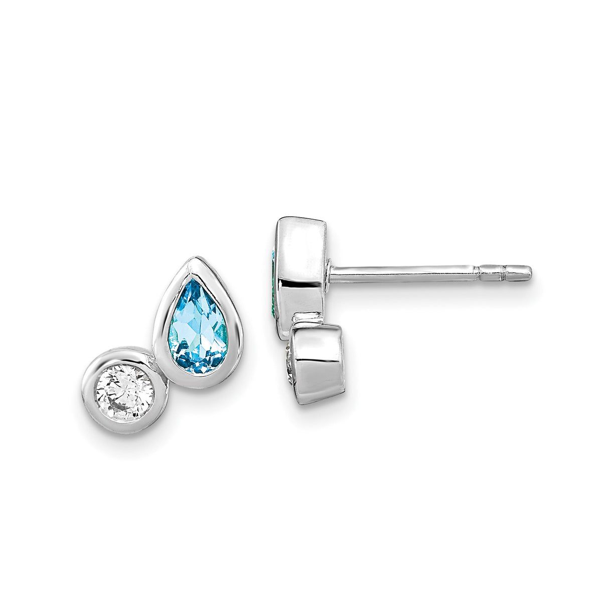 Sterling Silver Stud Earrings with Blue Topaz and Cubic Zirconia, Rose Plated Teardrop Design