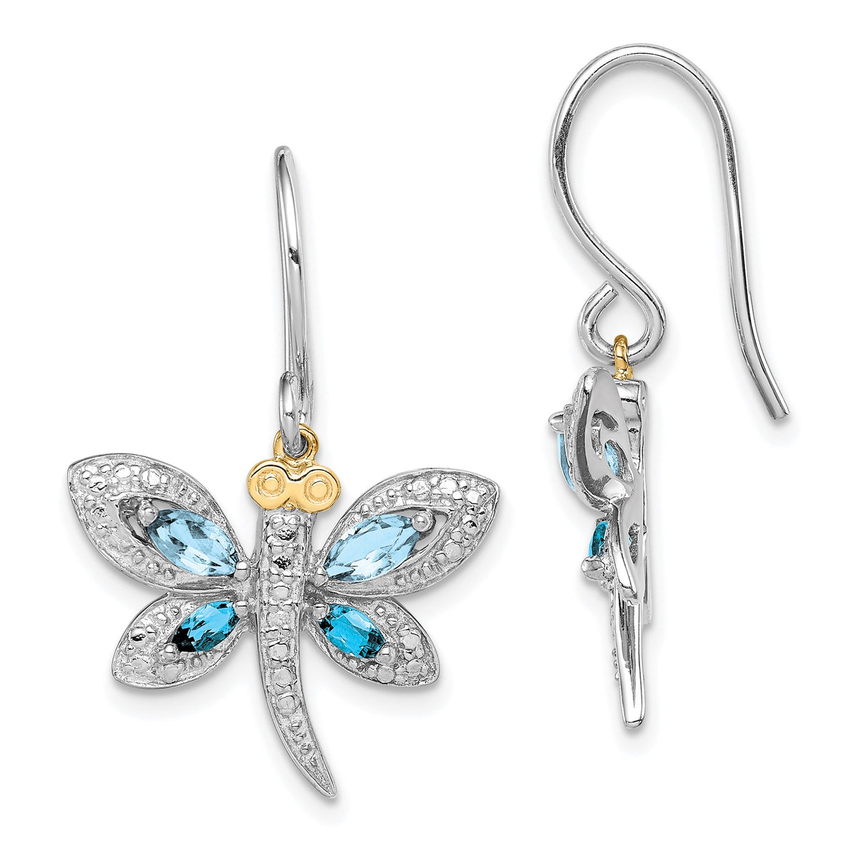 Sterling Silver Dragonfly Dangle Earrings with Blue Topaz and Yellow Gold Accents