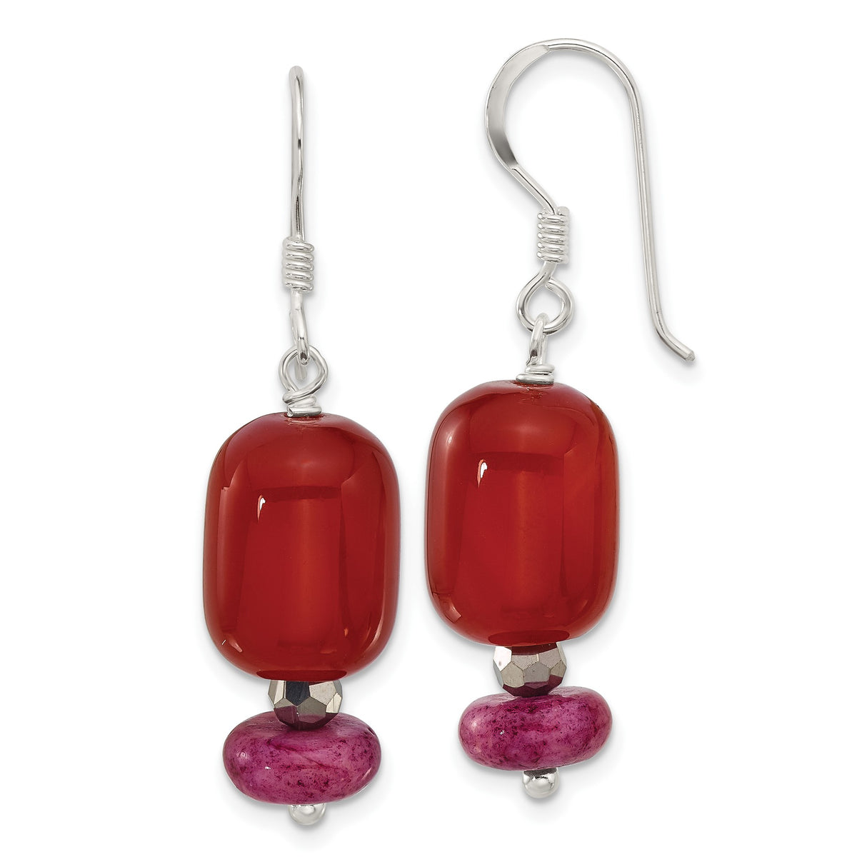 Sterling Silver Dangle Earrings with Carnelian and Reconstructed Serpentine, Boho Style