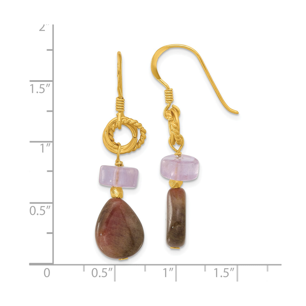 Sterling Silver Dangle Earrings with Amethyst and Green Tourmaline, Textured Hoops, Boho Style