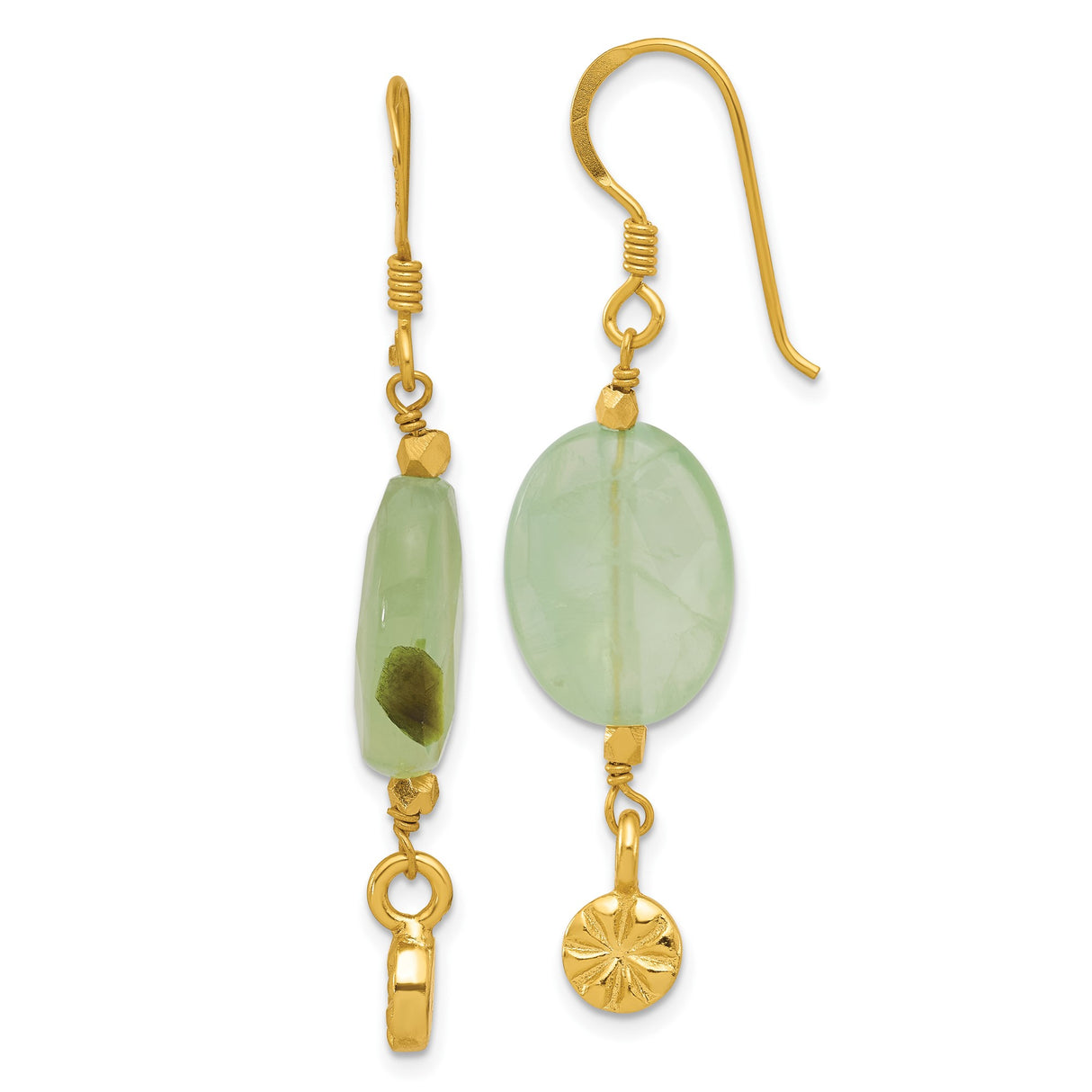 Sterling Silver Dangle Earrings with Prehnite Gemstones and Starburst Charm, Boho Style