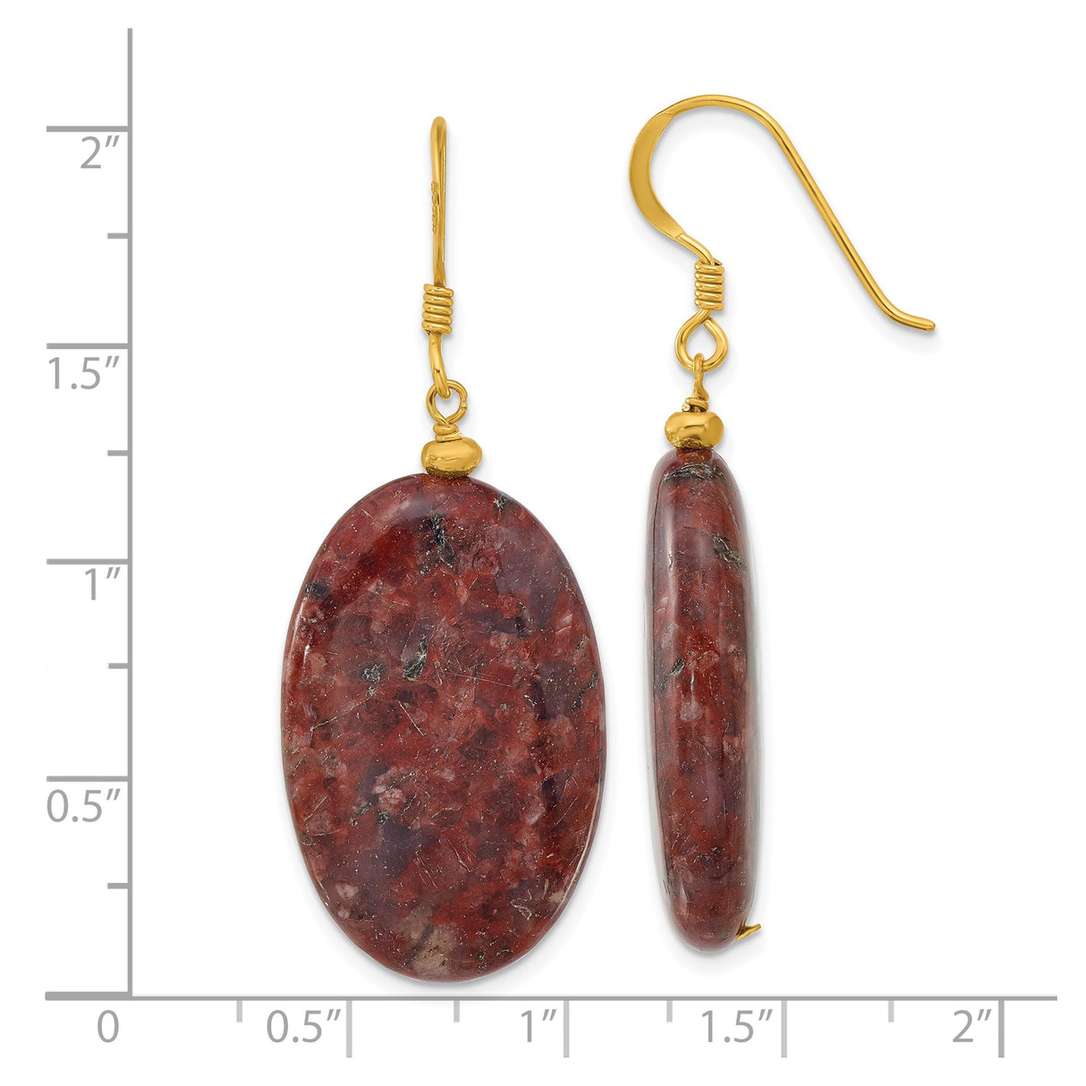 Sterling Silver Dangle Earrings with Oval Red Jasper, Gold Plated, Boho Style for Women