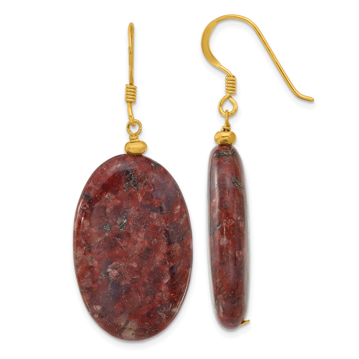 Sterling Silver Dangle Earrings with Oval Red Jasper, Gold Plated, Boho Style for Women