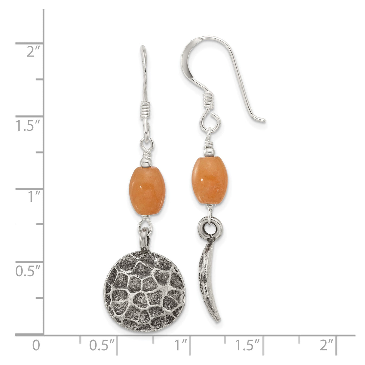 Sterling Silver Dangle Earrings with Aventurine, Hammered Disc and Spike Charms, Boho Style