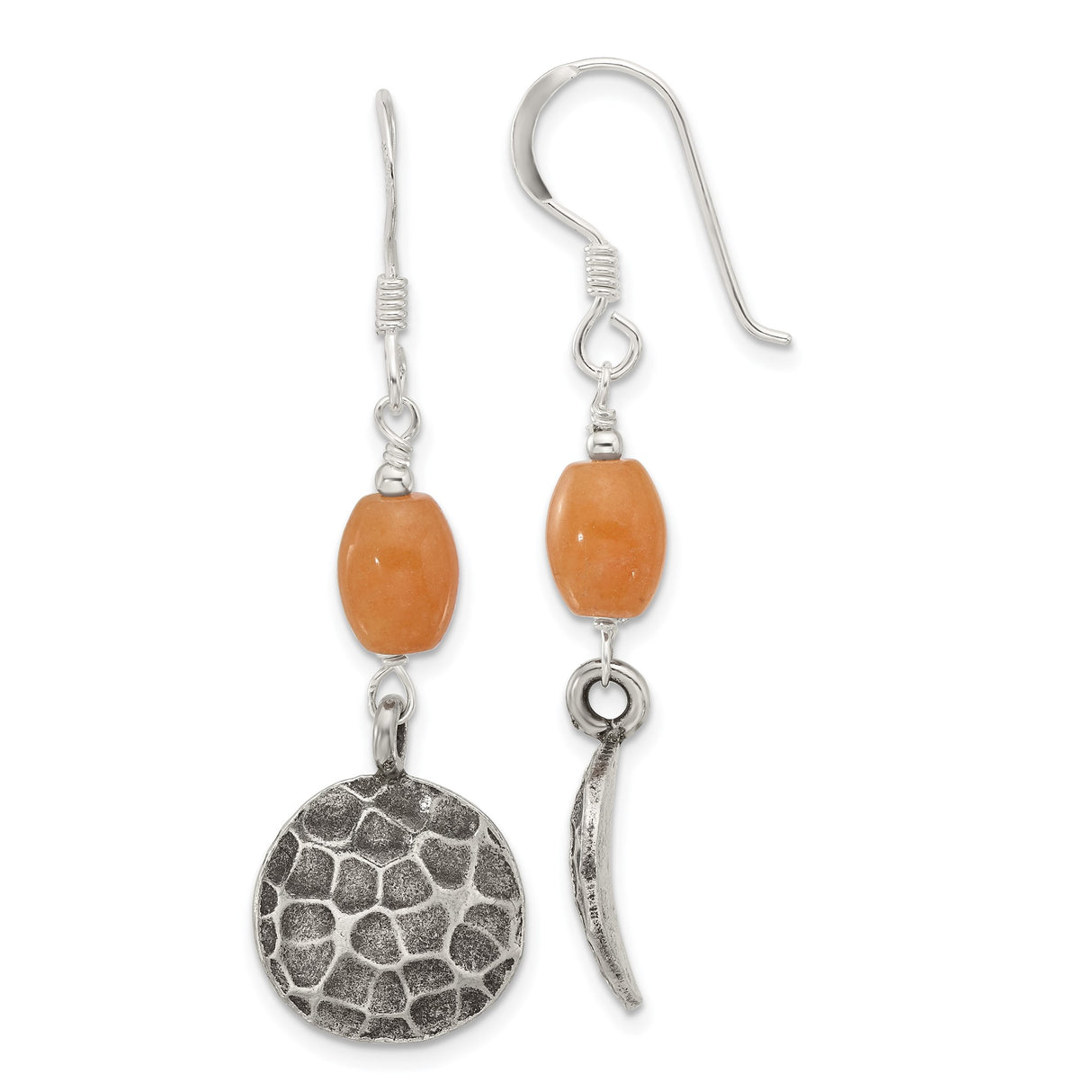 Sterling Silver Dangle Earrings with Aventurine, Hammered Disc and Spike Charms, Boho Style
