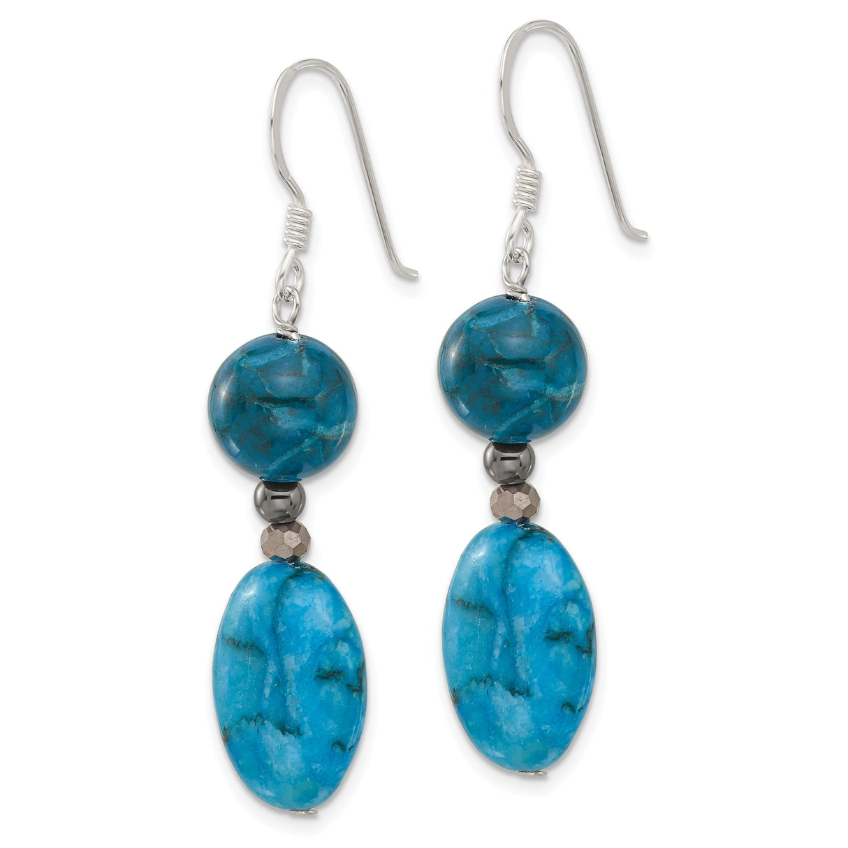 Sterling Silver Dangle Earrings with Howlite and Jasper, Handmade Boho Drop Design for Women