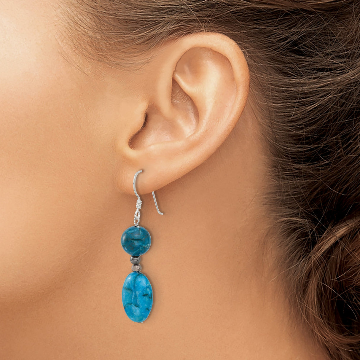 Sterling Silver Dangle Earrings with Howlite and Jasper, Handmade Boho Drop Design for Women