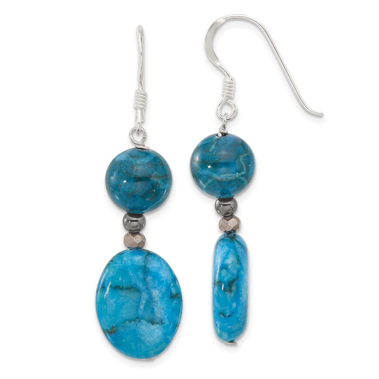 Sterling Silver Dangle Earrings with Howlite and Jasper, Handmade Boho Drop Design for Women