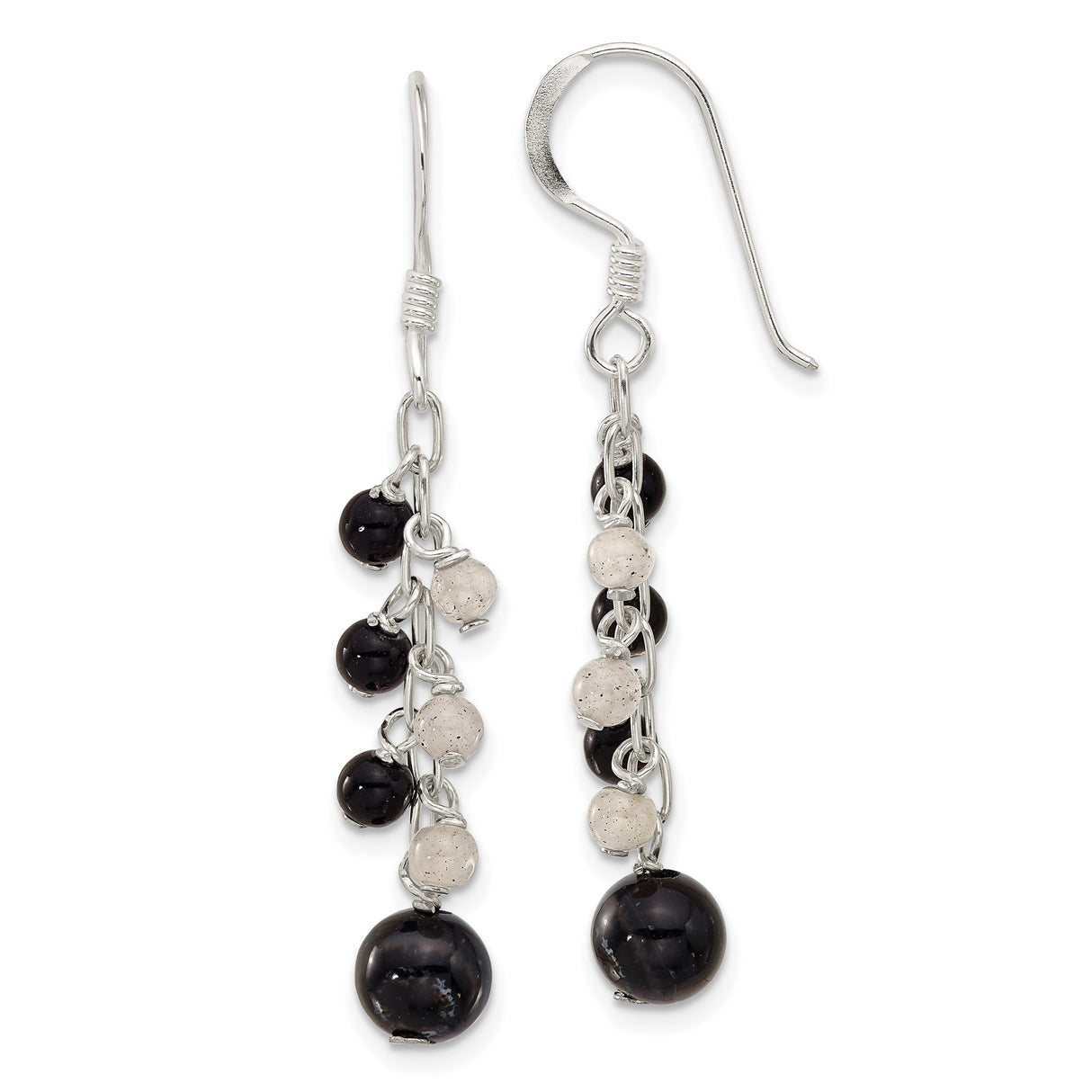 Sterling Silver Dangle Earrings with Agate and Labradorite, Long Chain Link Design, Modern Minimalist Style