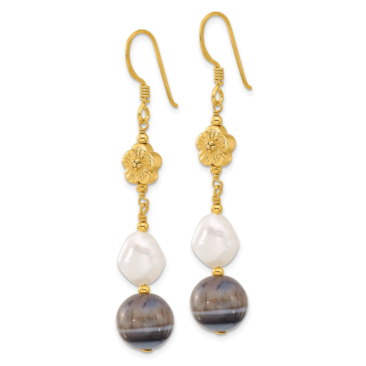 Sterling Silver Dangle Earrings with Freshwater Pearls and Sardonyx, Floral Boho Artisan Style