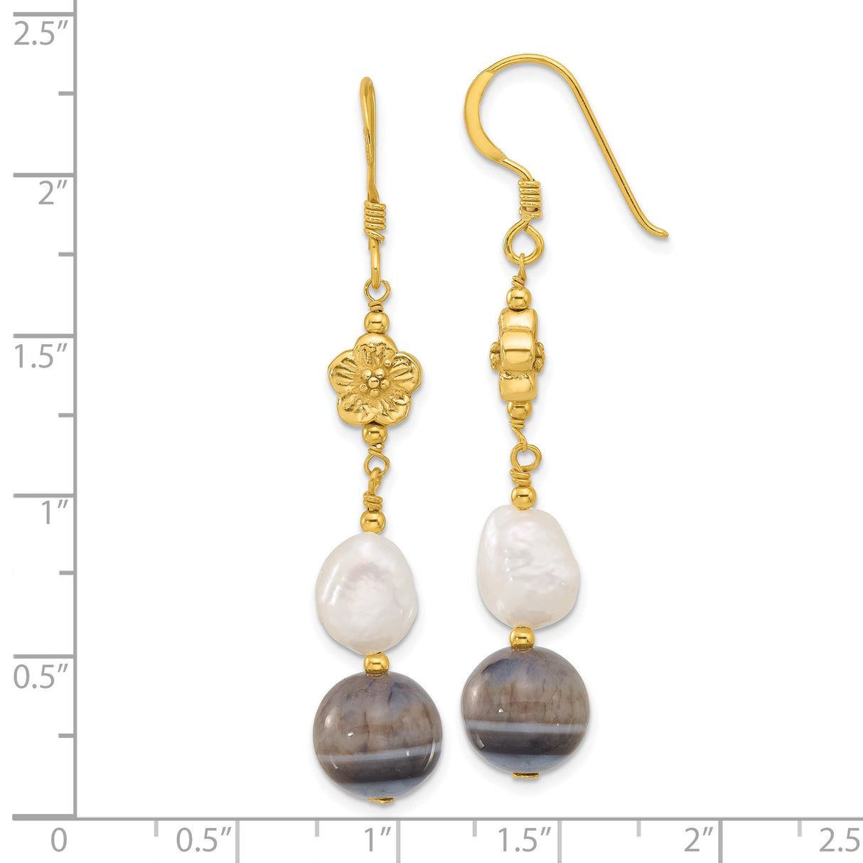 Sterling Silver Dangle Earrings with Freshwater Pearls and Sardonyx, Floral Boho Artisan Style