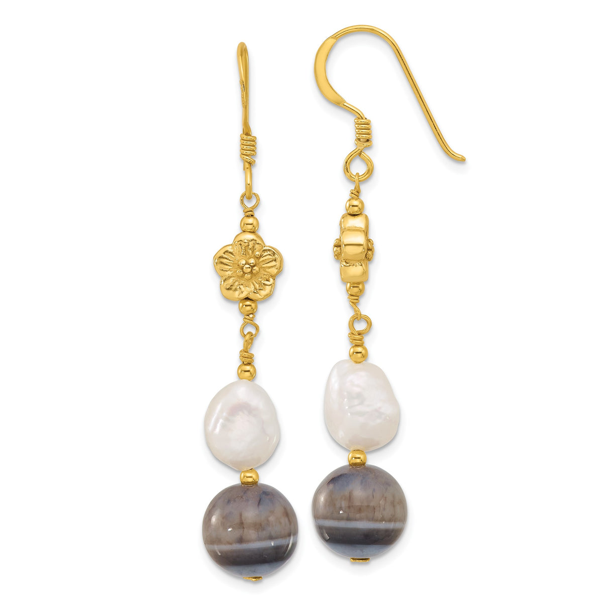 Sterling Silver Dangle Earrings with Freshwater Pearls and Sardonyx, Floral Boho Artisan Style