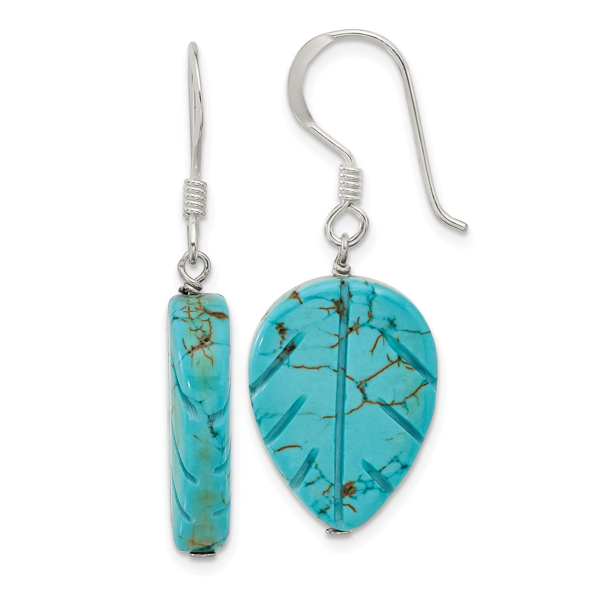 Sterling Silver Dangle Earrings with Reconstructed Magnesite Leaf, Bohemian Tribal Style