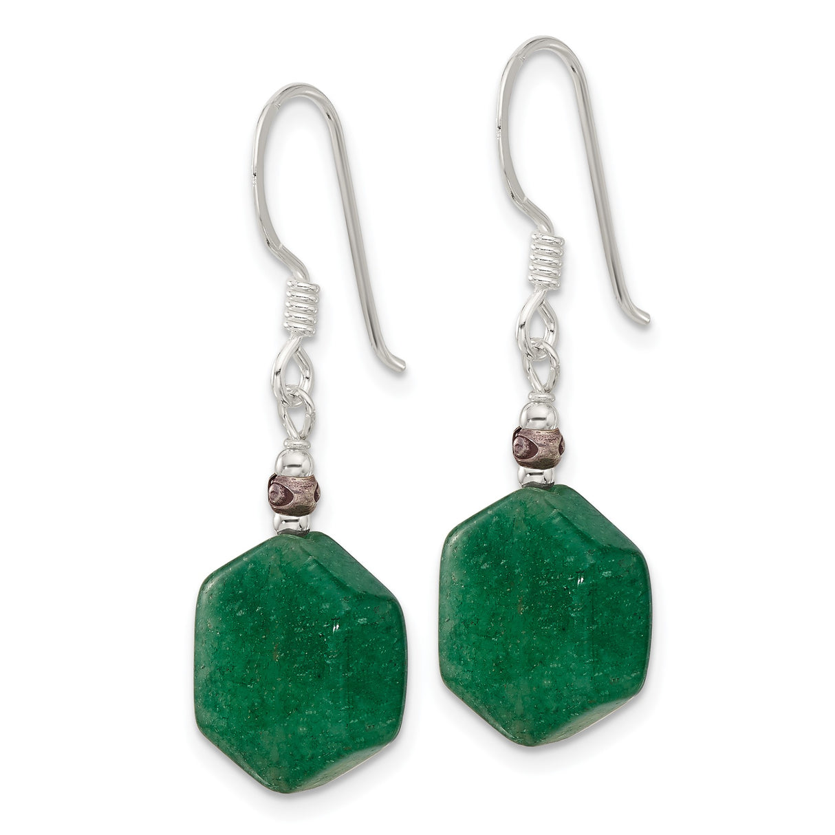 Sterling Silver Dangle Earrings with Aventurine Hexagon Drops, Faceted Beads, Boho Style