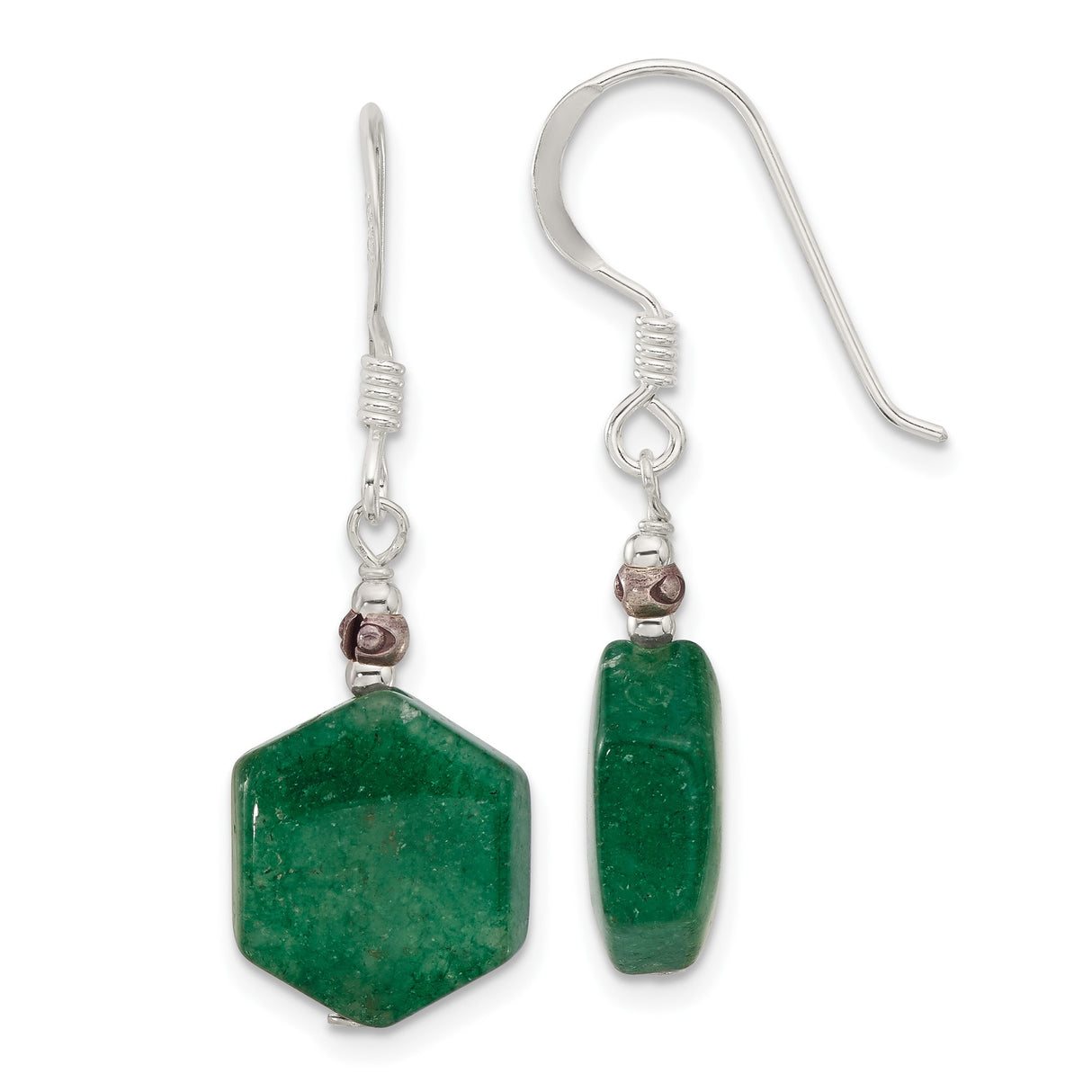 Sterling Silver Dangle Earrings with Aventurine Hexagon Drops, Faceted Beads, Boho Style