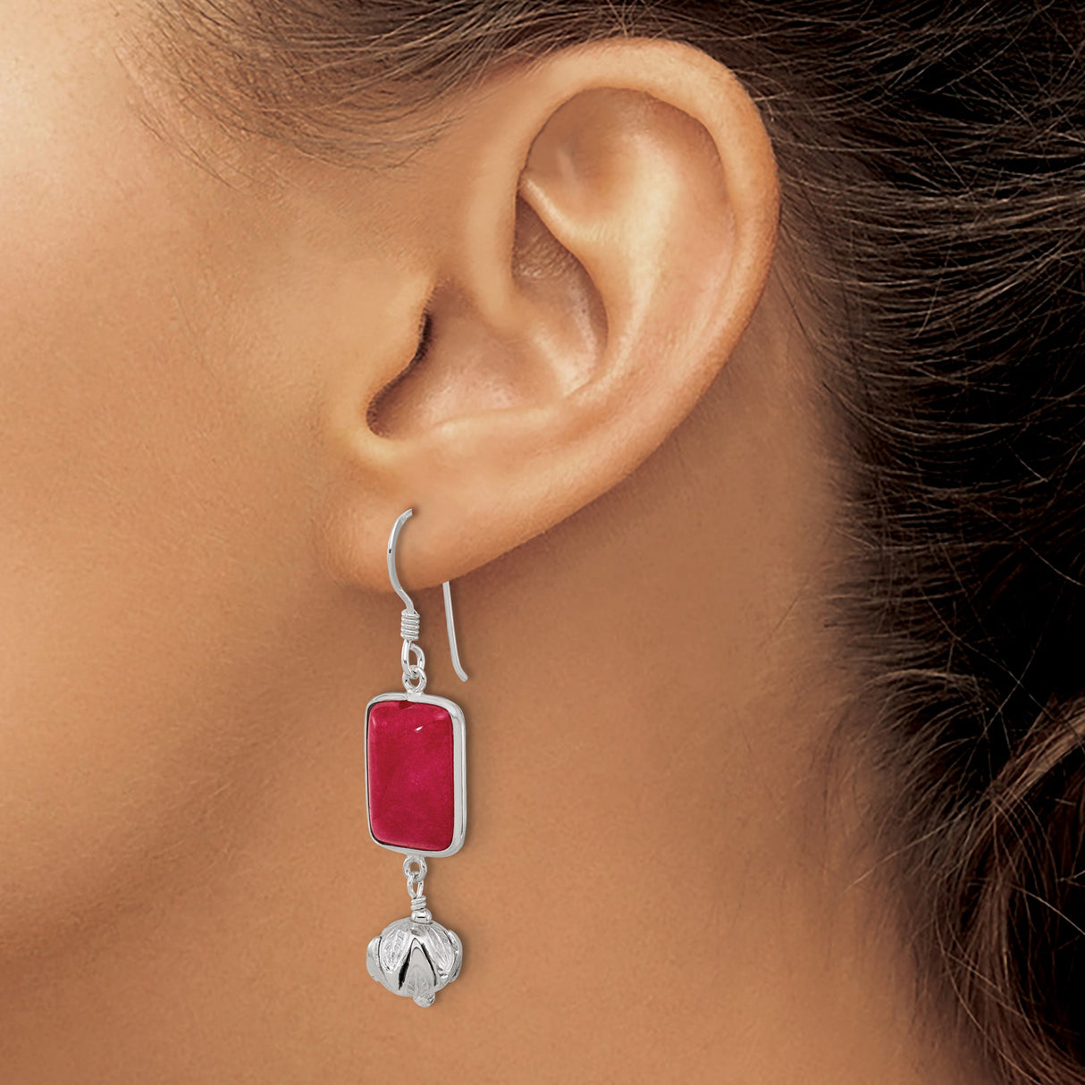 Sterling Silver Dangle Earrings with Red Jade, Floral Drop Accents, Boho Vintage Style