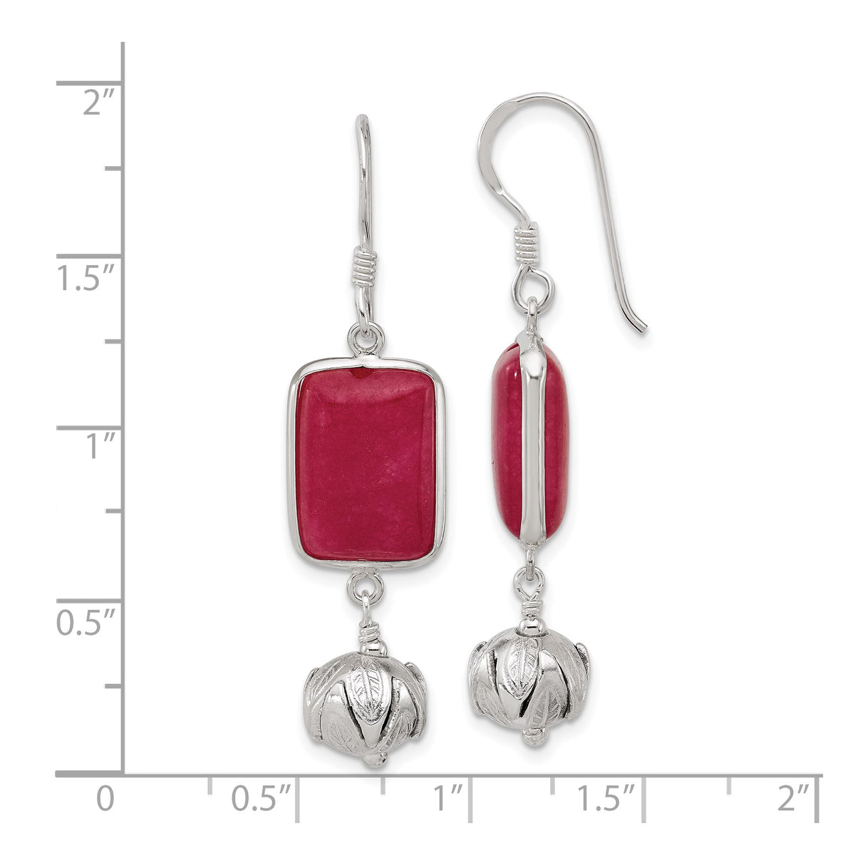 Sterling Silver Dangle Earrings with Red Jade, Floral Drop Accents, Boho Vintage Style