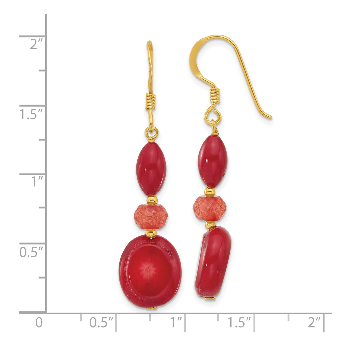 Sterling Silver Dangle Earrings with Coral and Jade, Gold Tone Accents, Boho Drop Design