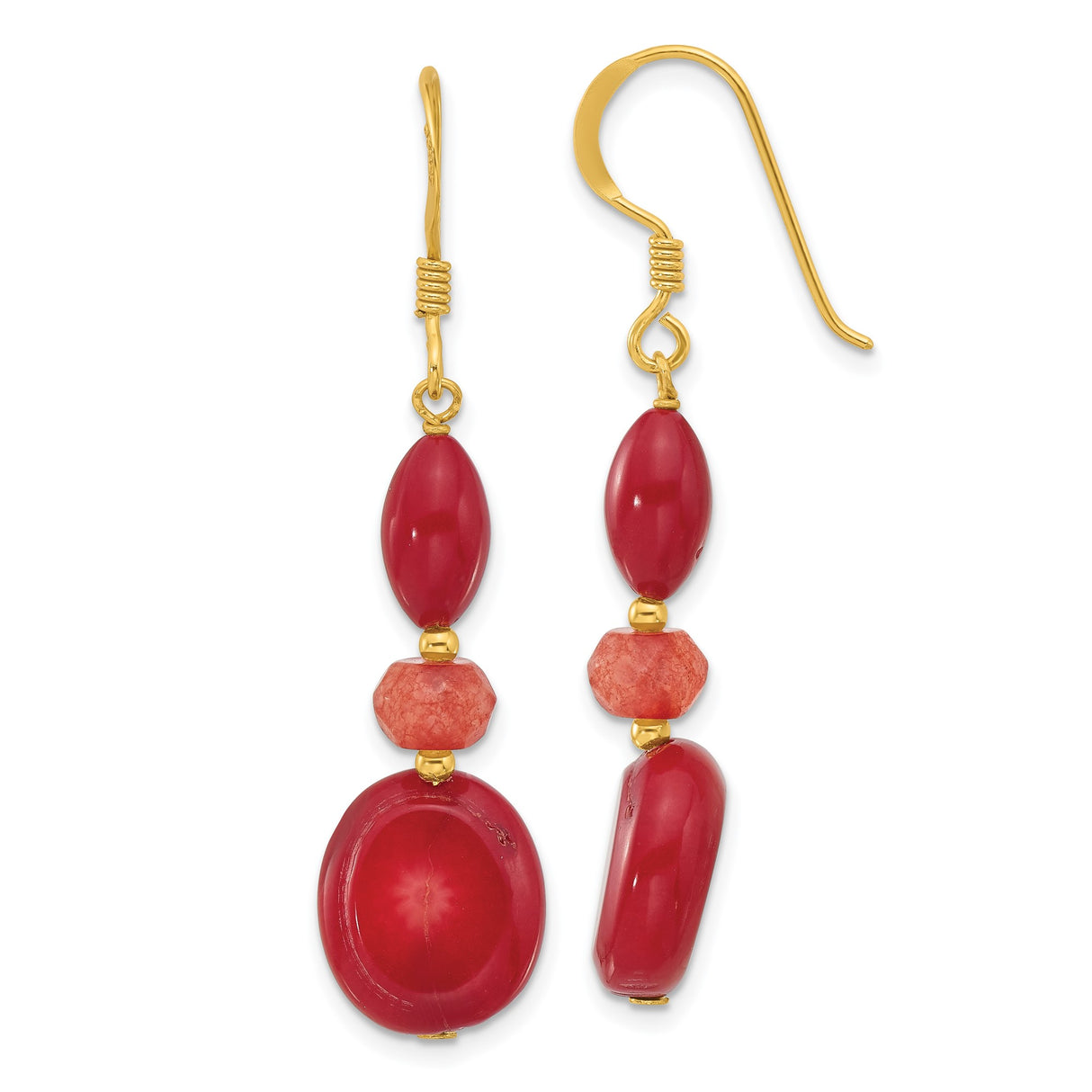 Sterling Silver Dangle Earrings with Coral and Jade, Gold Tone Accents, Boho Drop Design