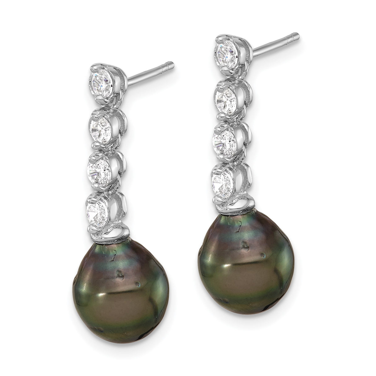 Sterling Silver Drop Earrings with Black Baroque Freshwater Pearls and Cubic Zirconia