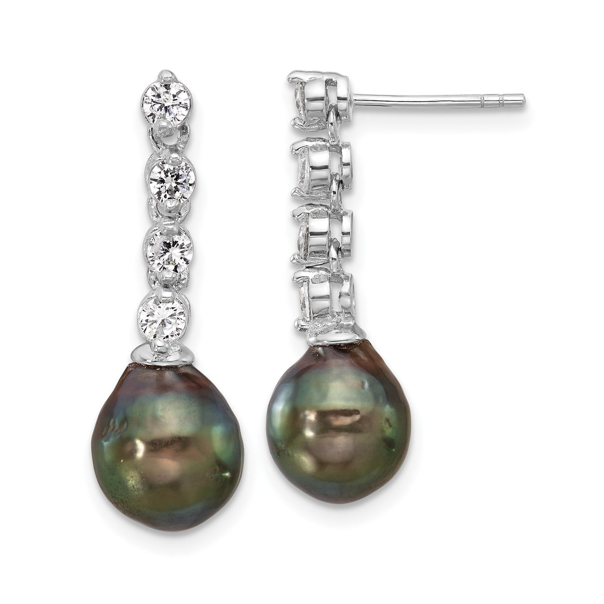 Sterling Silver Drop Earrings with Black Baroque Freshwater Pearls and Cubic Zirconia
