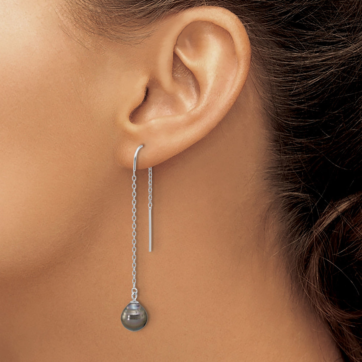 Sterling Silver Threader Earrings with Baroque Black Freshwater Pearls, Long Drop Style