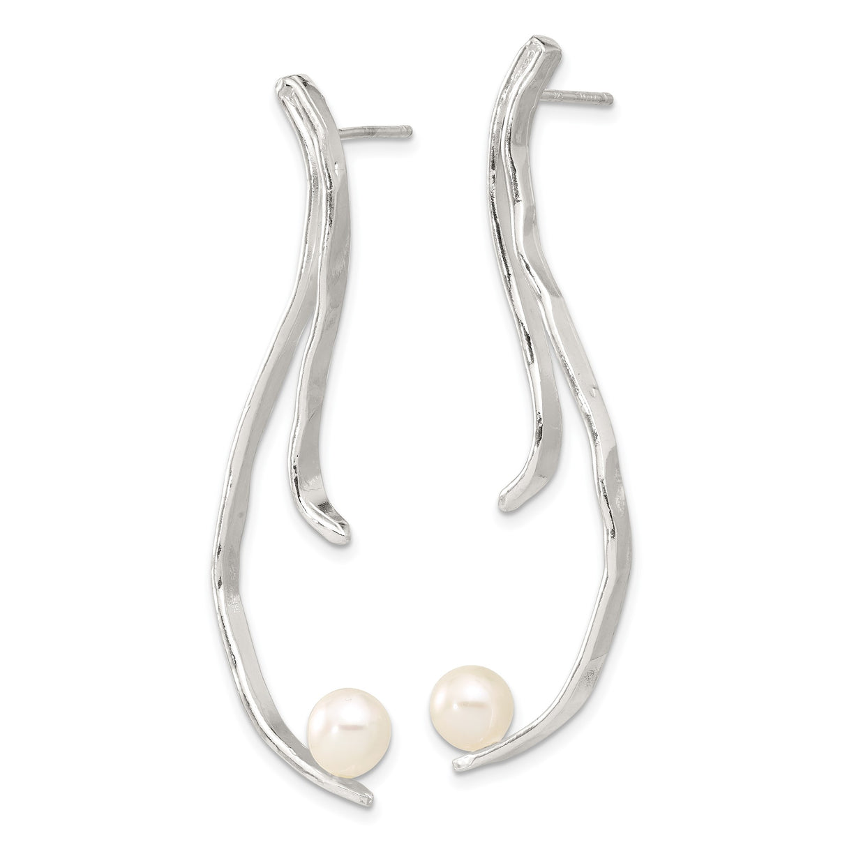 Sterling Silver Dangle Earrings with Freshwater Pearls, Asymmetrical Wavy Bar Design