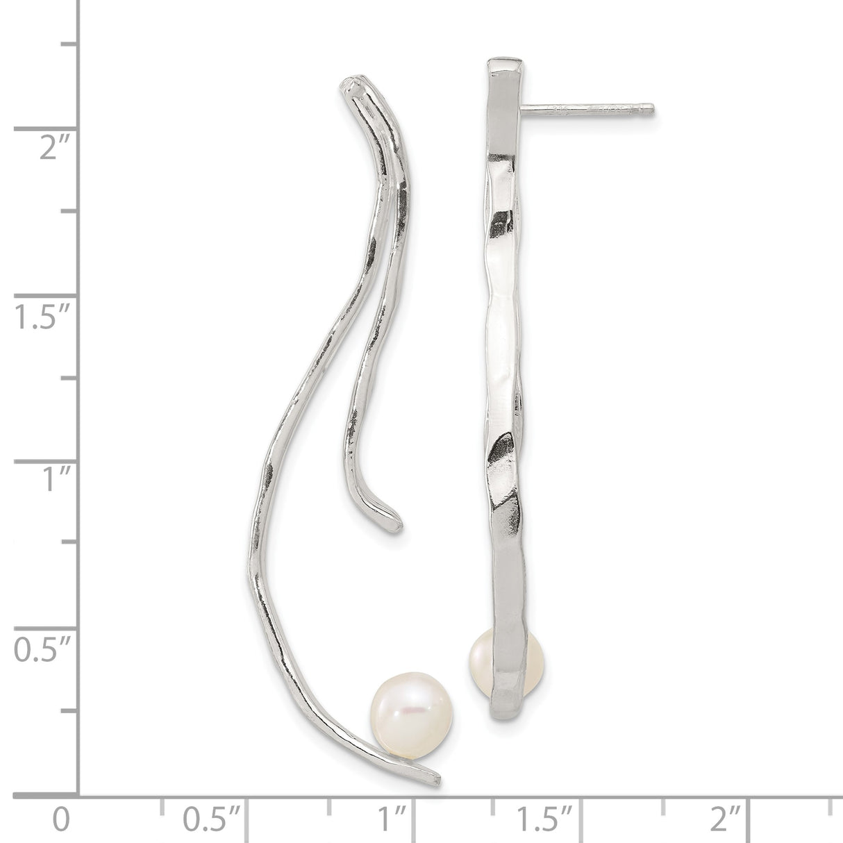 Sterling Silver Dangle Earrings with Freshwater Pearls, Asymmetrical Wavy Bar Design