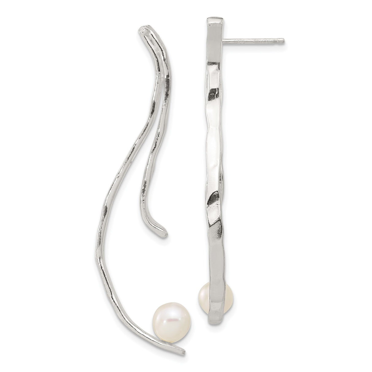 Sterling Silver Dangle Earrings with Freshwater Pearls, Asymmetrical Wavy Bar Design