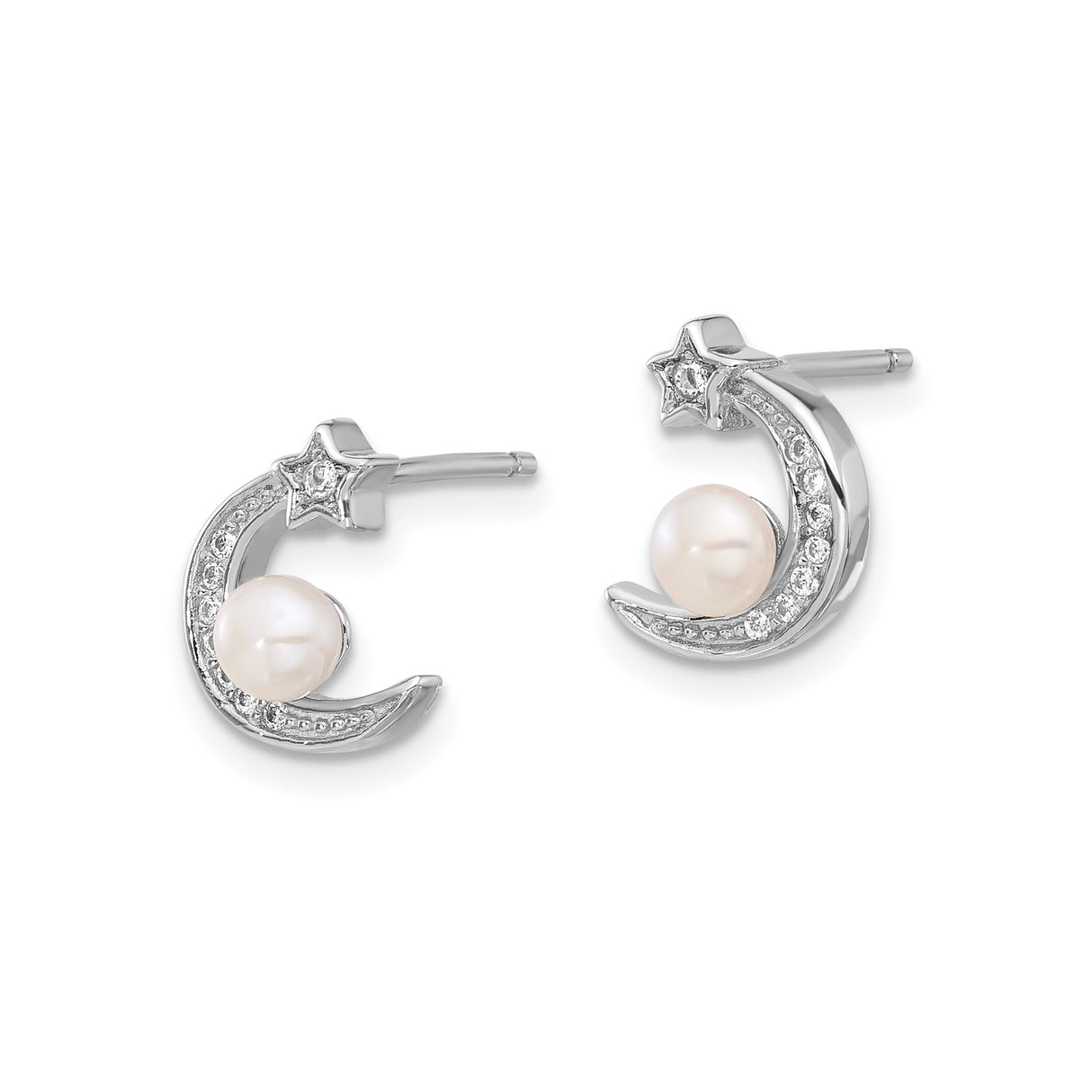 Sterling Silver Moon and Star Earrings with White Freshwater Pearl and Cubic Zirconia Accents