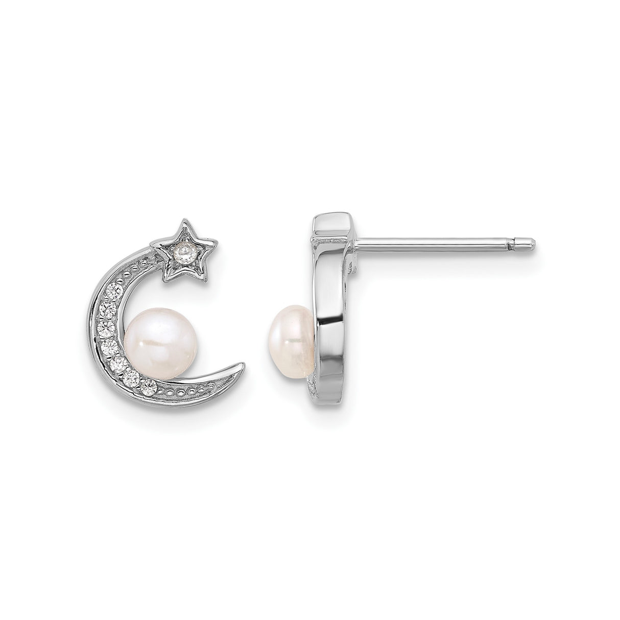 Sterling Silver Moon and Star Earrings with White Freshwater Pearl and Cubic Zirconia Accents