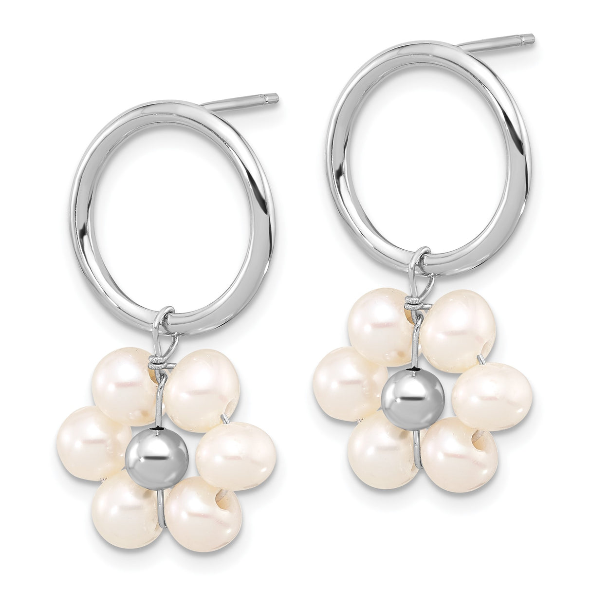 Sterling Silver Hoop Earrings with Freshwater Pearls, Floral and Stacked Design for Women
