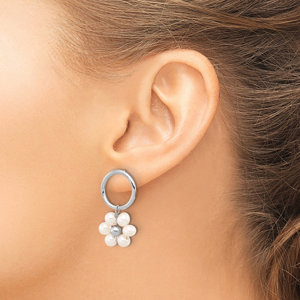 Sterling Silver Hoop Earrings with Freshwater Pearls, Floral and Stacked Design for Women