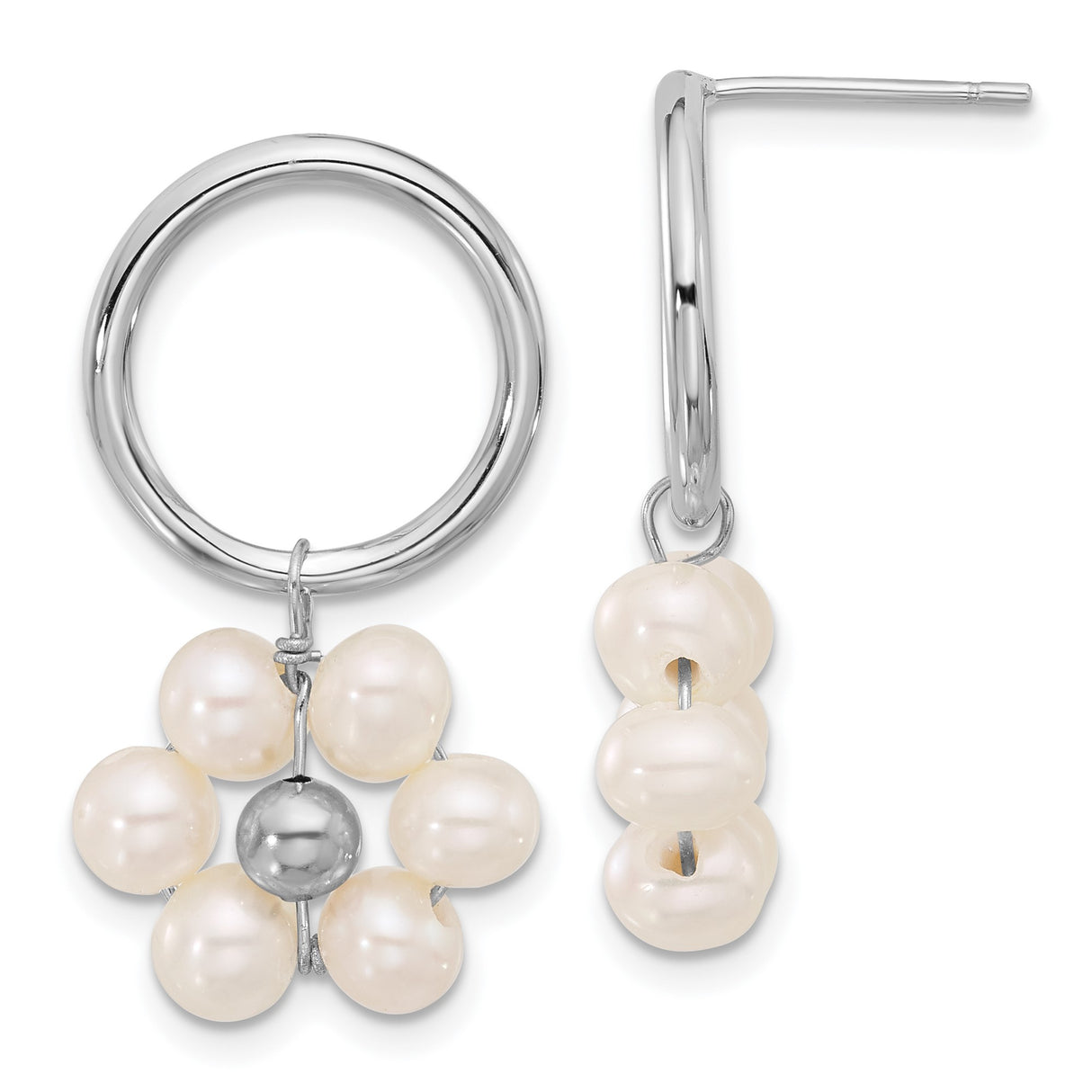 Sterling Silver Hoop Earrings with Freshwater Pearls, Floral and Stacked Design for Women