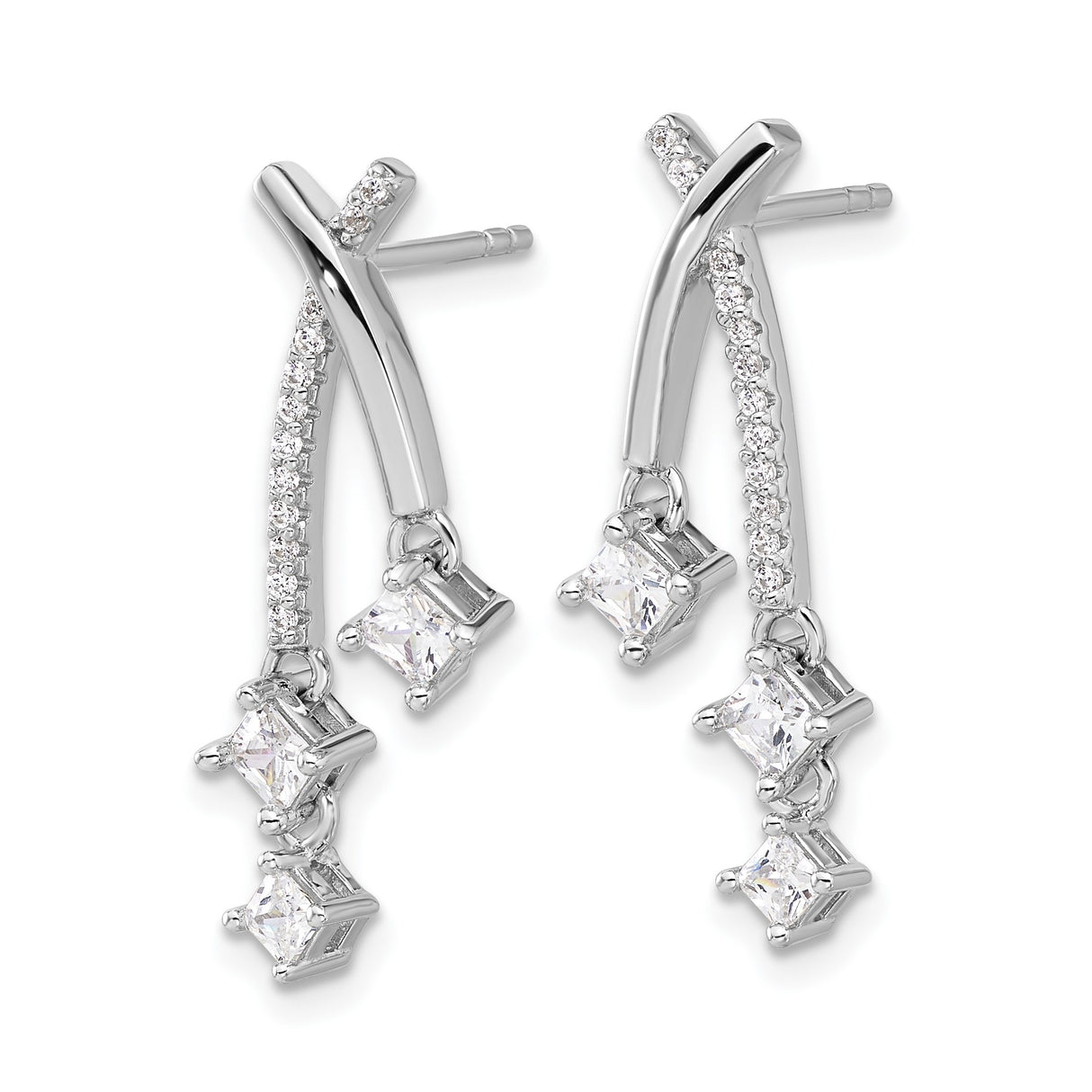 Sterling Silver Dangle Earrings with Cubic Zirconia, Curved Design and Square CZ Drops