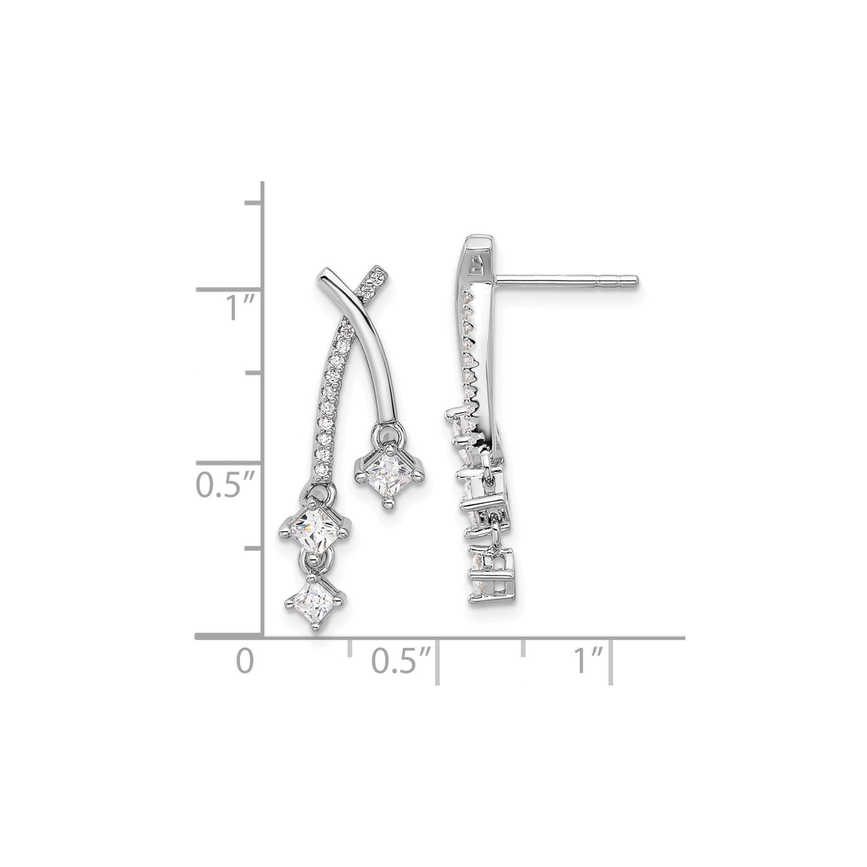 Sterling Silver Dangle Earrings with Cubic Zirconia, Curved Design and Square CZ Drops