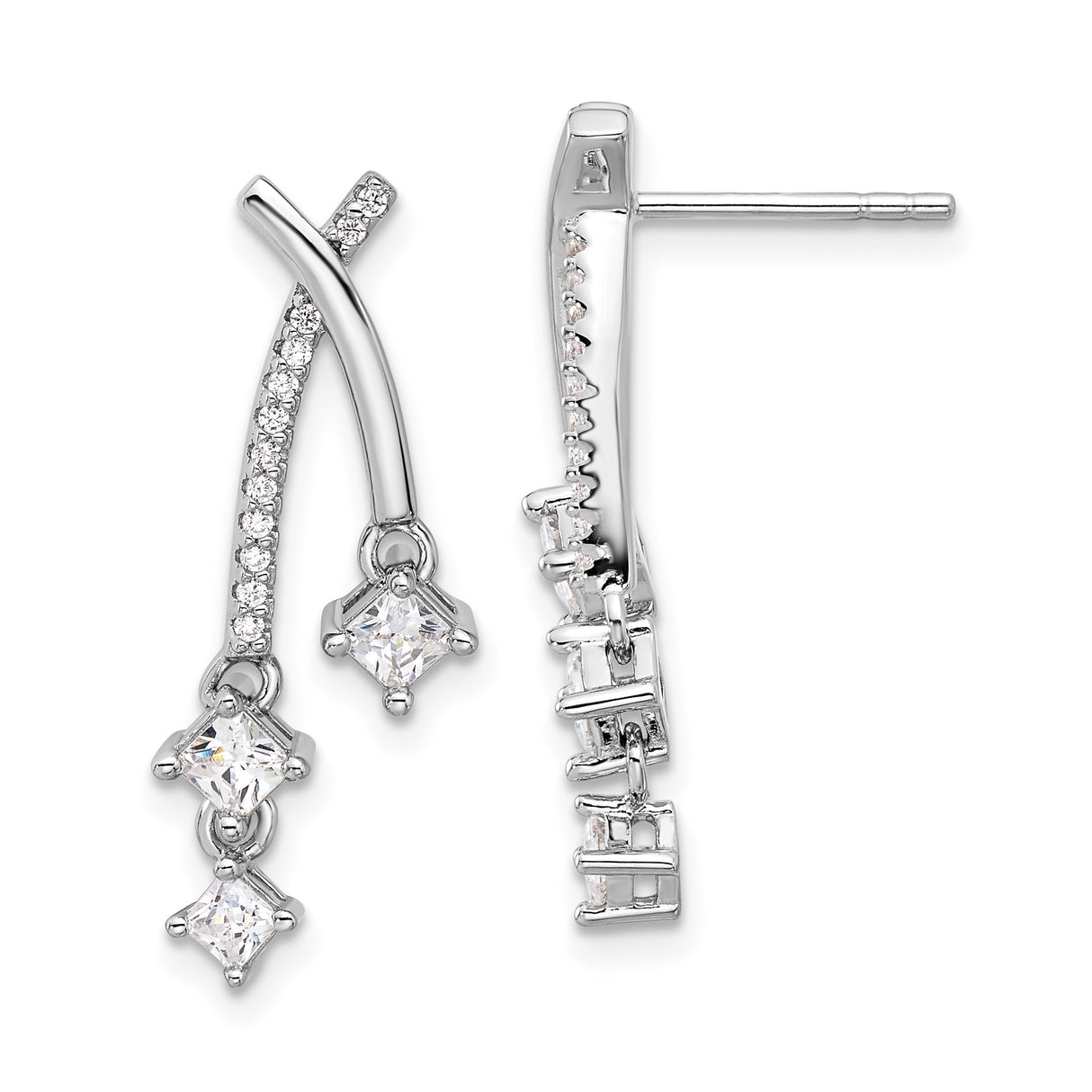 Sterling Silver Dangle Earrings with Cubic Zirconia, Curved Design and Square CZ Drops