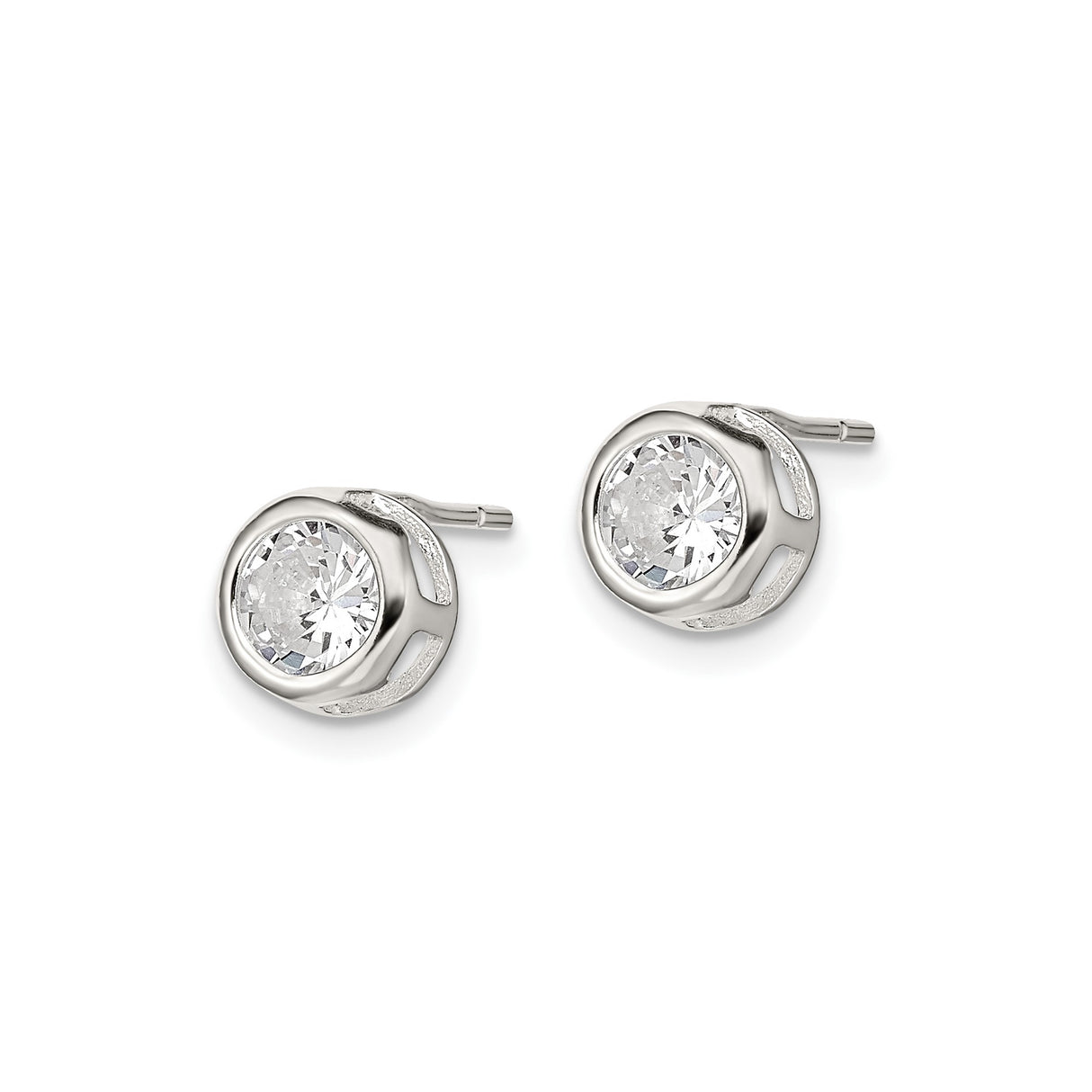 Sterling Silver Stud Earrings with Round Bezel Set Cubic Zirconia, Minimalist Modern Design