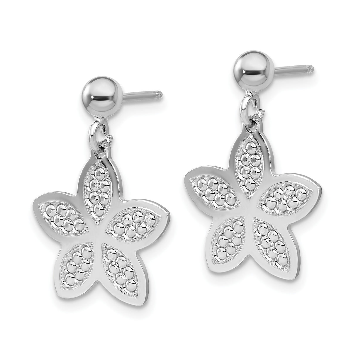 Sterling Silver Flower Dangle Earrings with Five Petal Floral Design and Beaded Accents