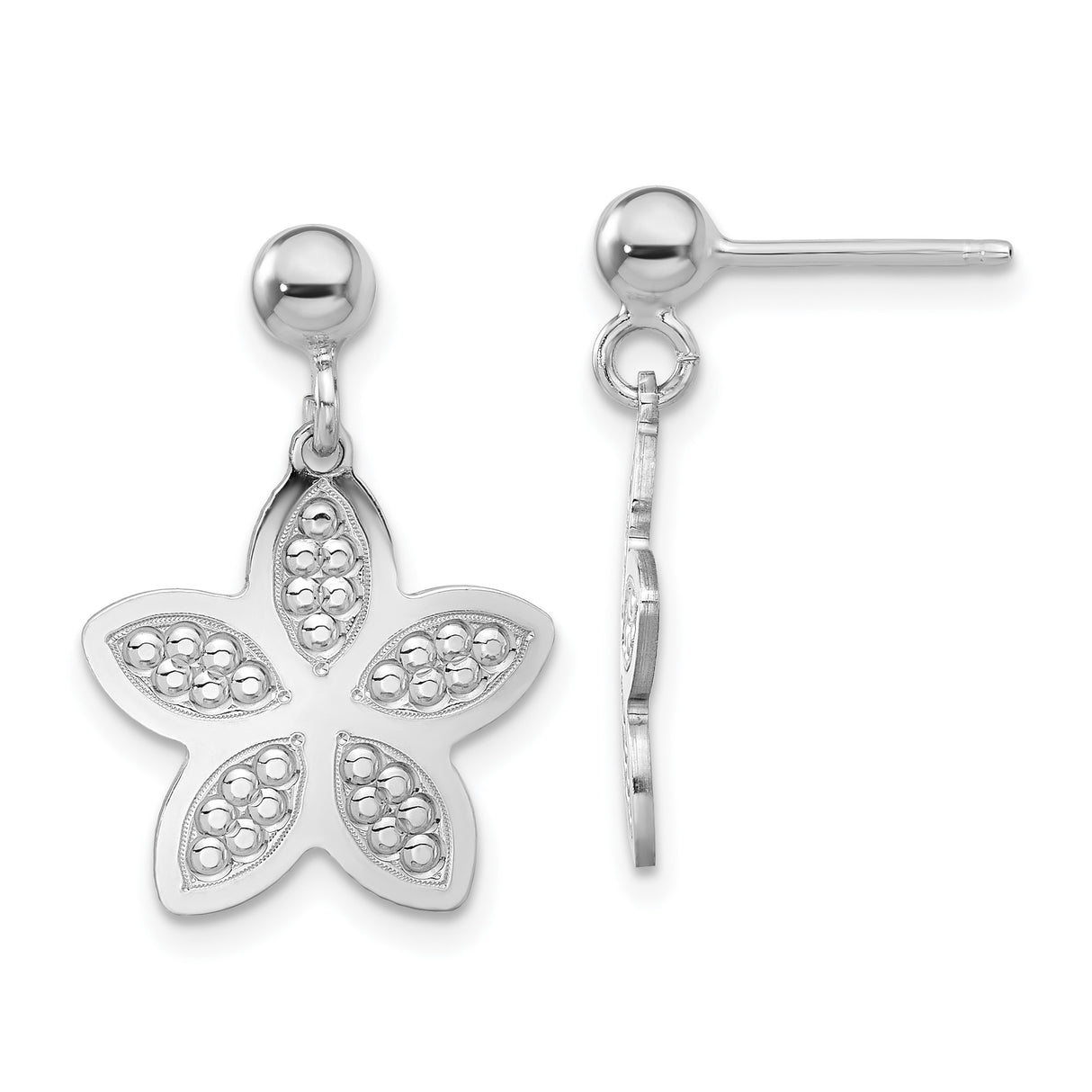 Sterling Silver Flower Dangle Earrings with Five Petal Floral Design and Beaded Accents