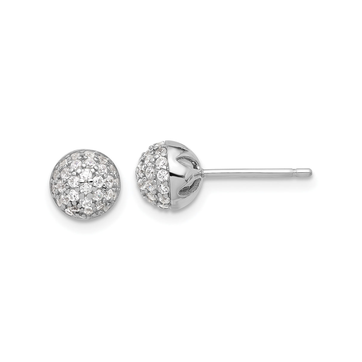 Sterling Silver Dome Stud Earrings with Pave-Set Cubic Zirconia, Lightweight Round Design