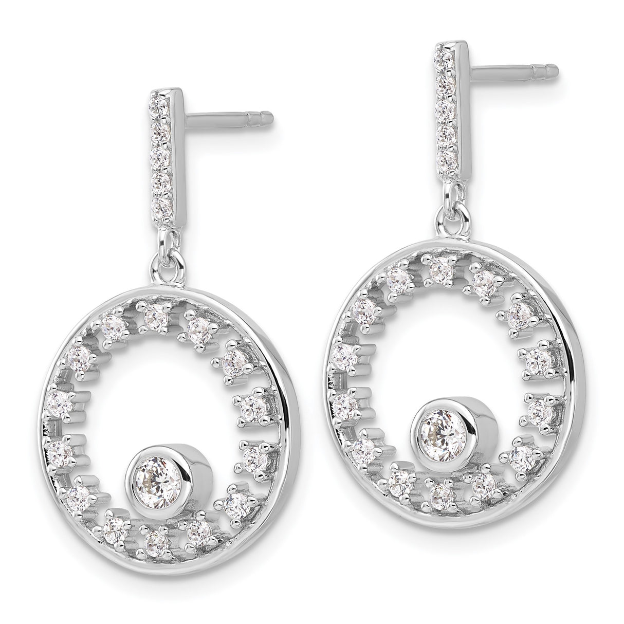 Sterling Silver Dangle Earrings with Cubic Zirconia, Circular Drop Design, Elegant Evening Jewelry