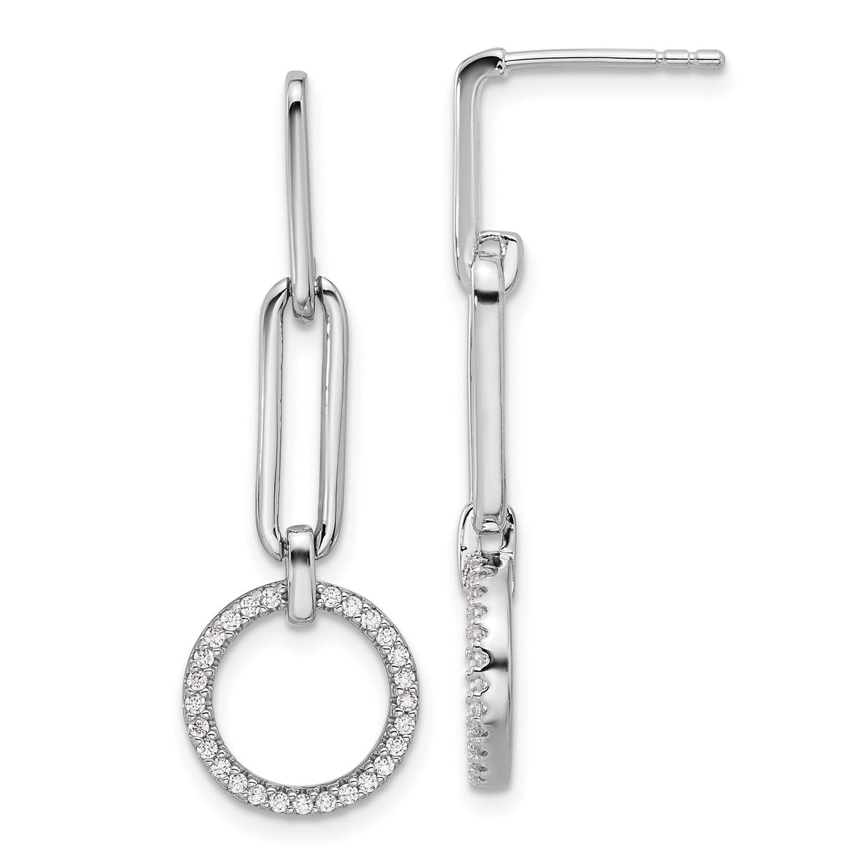 Sterling Silver Dangle Earrings with Cubic Zirconia, Paperclip Chain and Open Circle Design