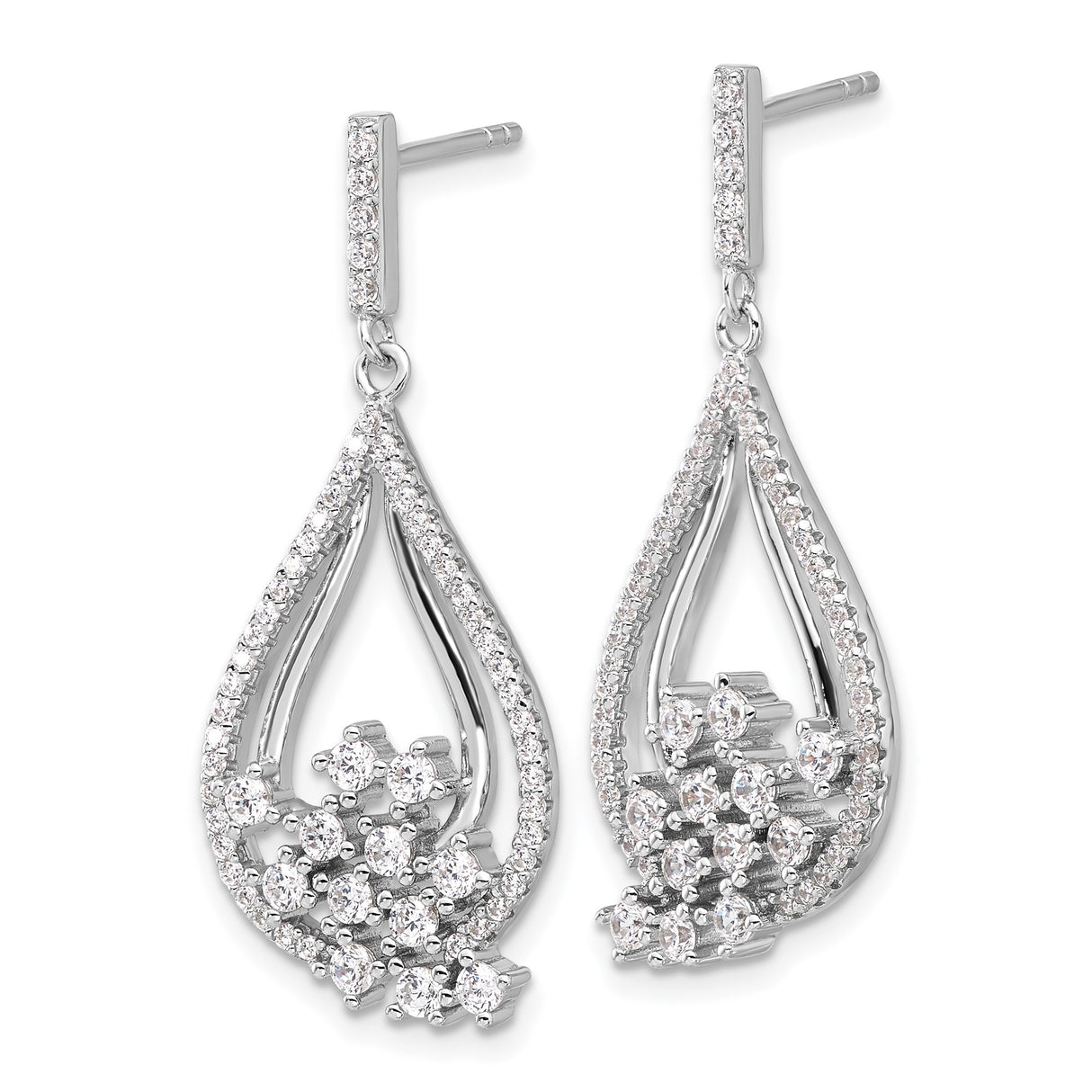 Sterling Silver Teardrop Dangle Earrings with Cubic Zirconia Flower Cluster Accents