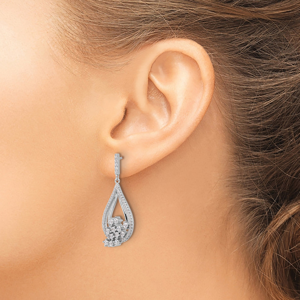 Sterling Silver Teardrop Dangle Earrings with Cubic Zirconia Flower Cluster Accents
