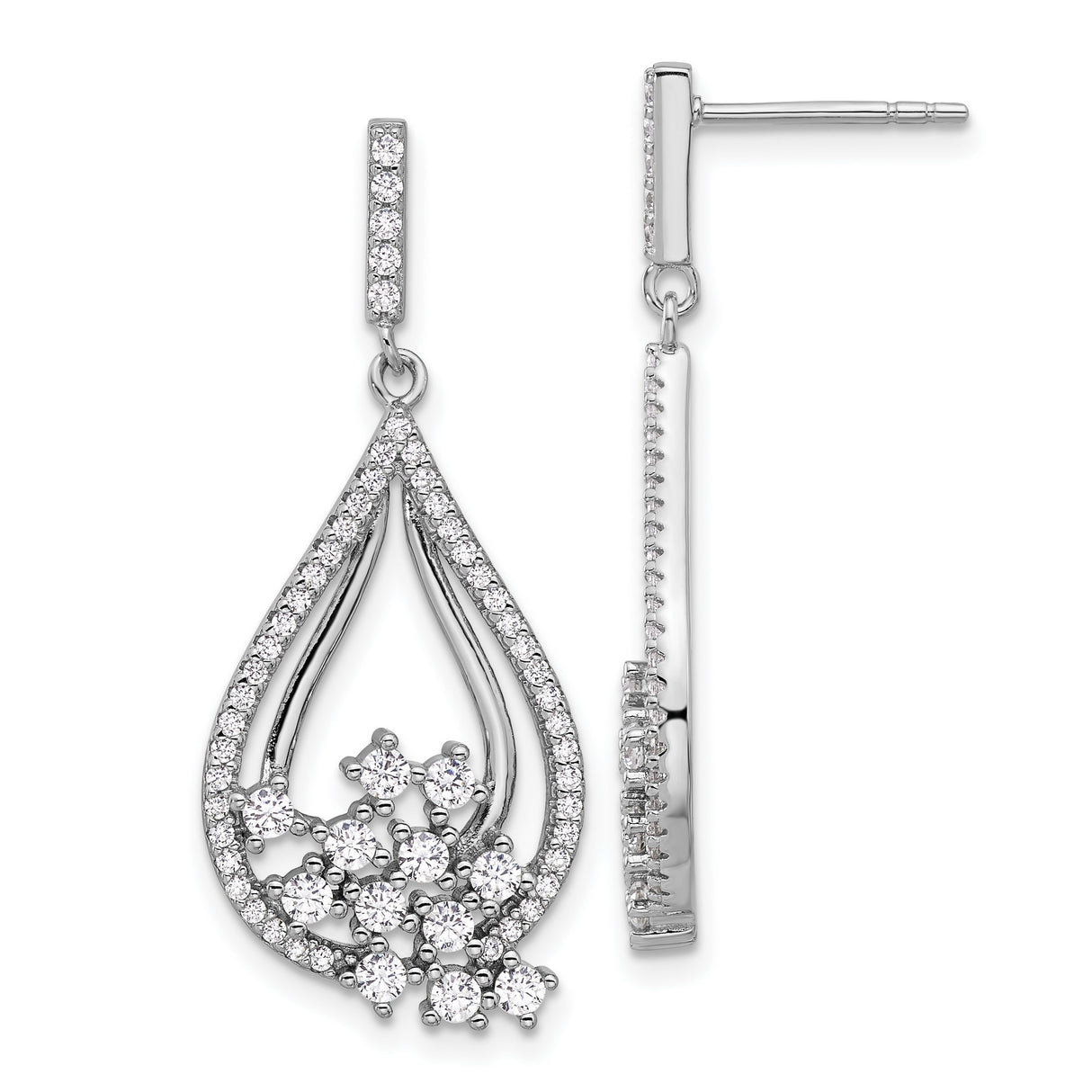 Sterling Silver Teardrop Dangle Earrings with Cubic Zirconia Flower Cluster Accents