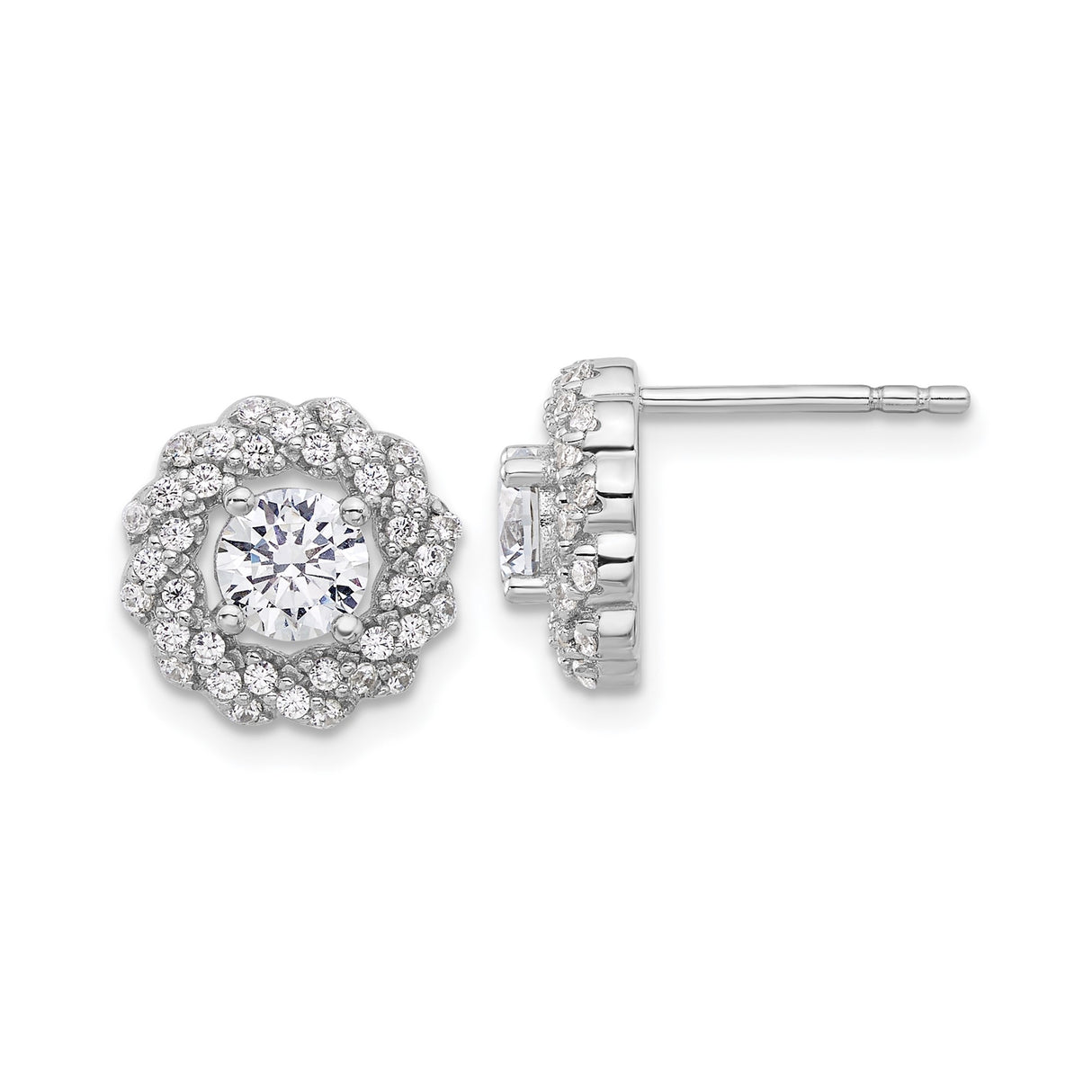 Sterling Silver Stud Earrings with Cubic Zirconia and Twisted Halo Floral Design