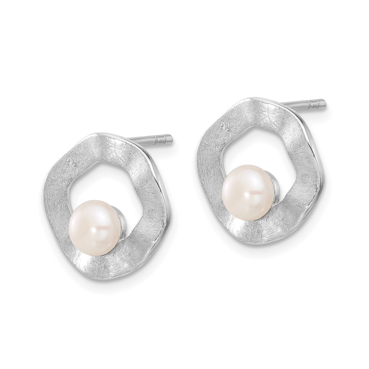 Sterling Silver Stud Earrings with White Freshwater Pearl, Textured Open Circle Design